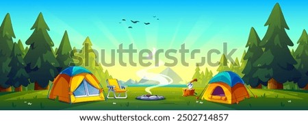 Camp tent with chair and campfire, axe in wood stump in forest with green spruce trees and grass, mountains on horizon, lake or river and bird in blue sky on sunrise. Cartoon vector eco tourism.