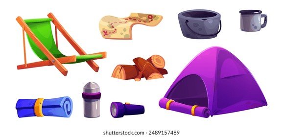 Camp tent and equipment element set for adventure illustration. Summer survival travel or picnic accessories collection. Mountain tourism and leisure kit isolated. Outing mountaineering concept