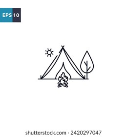 Camp tent and fire in the forest outline icon Vector illustration