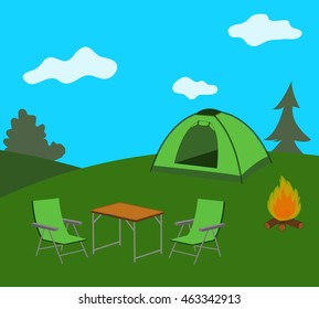 Camp. Tent, folding chairs and table, campfire in a clearing. Vector illustration.