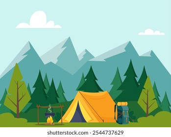 Camp tent in forest. Tent, forest, campfire. Banner, poster for climbing, hiking sport, adventure tourism, travel backpacking Vector illustration