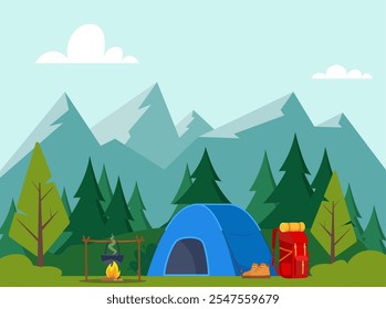 Camp tent in forest. Tent, forest, campfire. Banner, poster for climbing, hiking sport, adventure tourism, travel backpacking Vector illustration