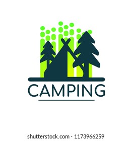 Camp tent in forest. Camping logo template vector