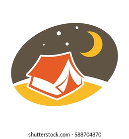 Camp tent in forest. Camping place isolated vector flat icon for nature outdoor trip or scout forest tour adventure