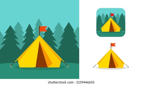 Camp tent in forest flat vector and campsite tourist app isolated on white background cartoon illustration modern closeup clipart image