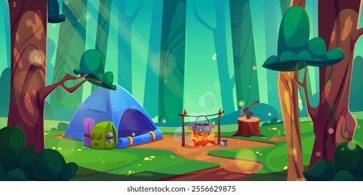 Camp tent in forest with tourist backpack, cooking pot on bonfire, axe in wood stump. Summer day landscape with campsite for eco tourism and outdoor vacation concept. Cartoon adventure scene.