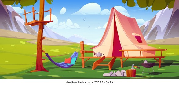 Camp tent and hammock, mountain valley landscape adventure cartoon background. Blue sky, flying birds above travel picnic outdoor with fire and grill. Campsite trekking activity, nature explore design