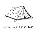 Camp Tent. Hand drawn Vector illustration of old traditional equipment for hiking or travel on isolated background. Drawing of retro camping for trip in a forest. Linear sketch of Campsite.