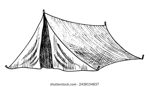 Camp Tent. Hand drawn Vector illustration of old traditional equipment for hiking or travel on isolated background. Drawing of retro camping for trip in a forest. Linear sketch of Campsite.