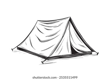 Camp Tent. Hand drawn Vector illustration of old traditional equipment for hiking or travel on isolated background. Drawing of retro camping for trip in a forest. Linear sketch of Campsite.