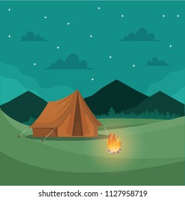 Camp Tent in Hill with Bonfire Vector Design