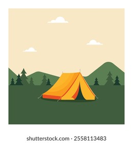 Camp tent. Landscape illustration in flat style. Summer camp background