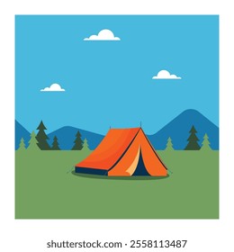 Camp tent. Landscape illustration in flat style. Summer camp background