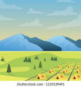 Camp Tent in Meadow and Mountain Vector Design