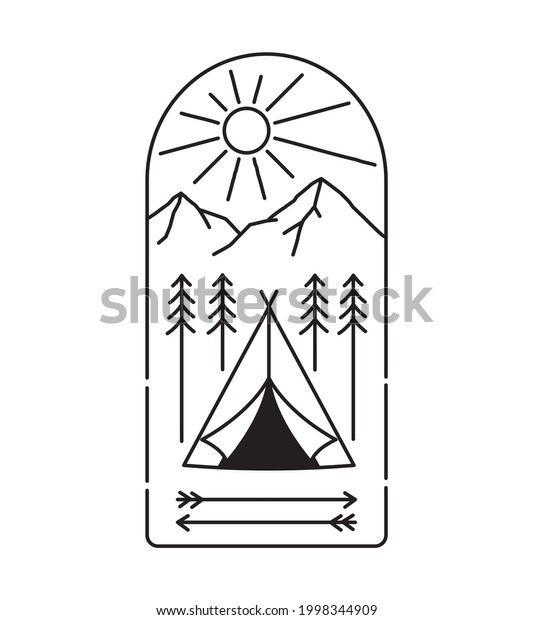 camp\
tent and mountain beach and surfer car design in mono line art,\
patch badge design, emblem design, T-Shirt\
Design