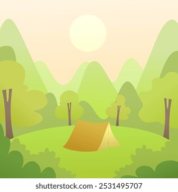 Camp tent  and nature, in forest with green spruce trees and grass, mountains on horizon,blue sky on sunrise. Cartoon vector eco tourism.Vector image for cover, banner, and book illustrations.