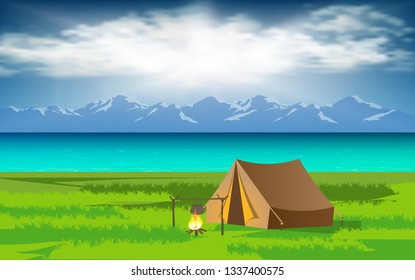 camp tent at the river in the day time