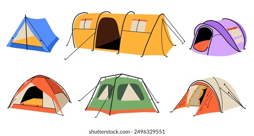 Camp tent set. Tourist house campsite, outdoor adventure, campground shelter equipment. Camping dome for forest. Hiking tourism. Camper tools, summer vacation vector cartoon flat isolated illustration