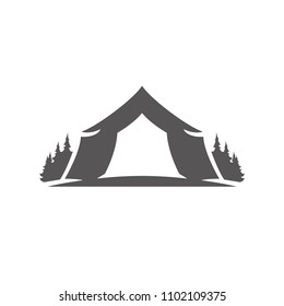 Camp tent silhouette isolated on white background vector illustration. Forest camping equipment vector graphic emblem.
