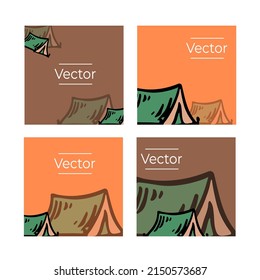 Camp Zelt Sketch Vektorsatz von Illustrationen. Kollektion mit handgezeichneten quadratischen Hintergründen im Freien