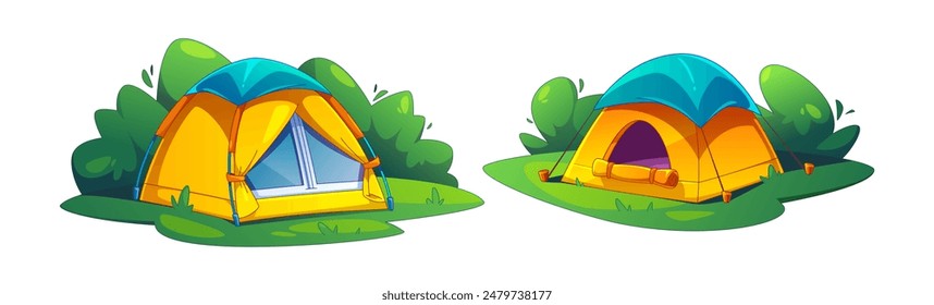 Tienda de campaña en la isla de hierba verde con follaje de arbustos. Conjunto de Ilustración vectorial de dibujos animados de camping para la aventura al aire libre de verano. Accesorios para equipos de camper para el turismo ecológico, el ocio y la expedición.