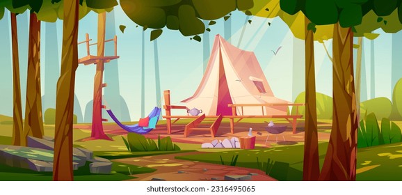 Camp with tent in summer forest. Glamping with bbq grill, hammock and tent on wooden terrace. Woods landscape with picnic site, trees and grass, vector cartoon illustration