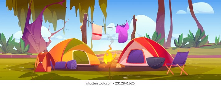 Tienda de campaña en la ilustración de vectores de bosques de verano. Aventura de picnic en las vacaciones al aire libre. Senderismo de caricaturas, fuego de hoguera, ropa de cuerda, caldero y equipo de turismo de mochilas para actividades recreativas