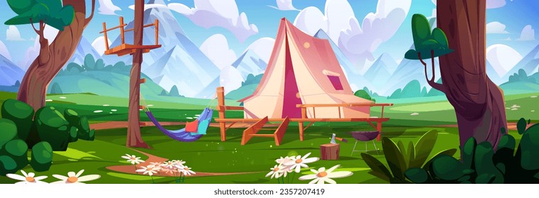 Camp tent in summer forest vector illustration. Camping scene near tree with hammock and ax in stump. Spring forrest location environment for campsite panorama campaign. Woods nature concept