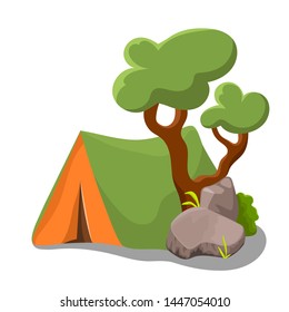 Camp tent with tree and shrub on white background. Summer landscape vector clipart. Campsite promotion banner template. Cartoon summer camping trip for children. Summer activity for kids. Outdoor trip
