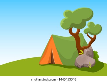 Camp tent with tree and stone. Summer landscape vector illustration with place for text. Campsite promotion banner template. Cartoon summer camping trip for children. Optimistic countryside landscape