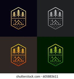 Ilustración del logotipo de la tienda de campaña y el logotipo del diseño gráfico de los árboles