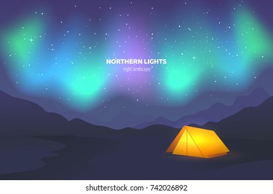 Camp tent under night sky. Landscape with beautiful northern lights. Vector illustration