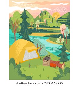 Camp tent vector forest mountain landscape design