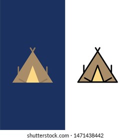 Camp, Tent, Wigwam, Spring  Icons. Flat and Line Filled Icon Set Vector Blue Background. Vector Icon Template background