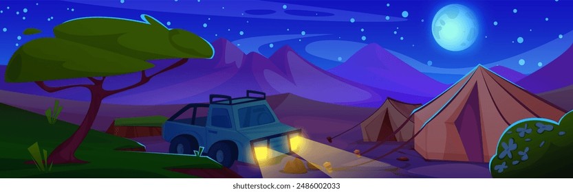 Camp tents and car with headlights turned on in African savannah desert at night. Cartoon vector dark dusk summer drought Africa landscape with campsite, acacia trees and bushes, dune mountain hills.