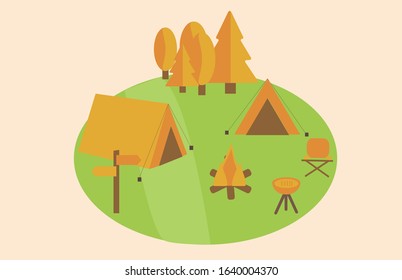 Camp with tents, forest, grill and campfire. Flat vector illustration.