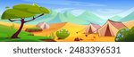 Camp tents on sand surface of African savannah desert. Cartoon vector summer safari tourism in hot drought Africa landscape with campsite, acacia trees and green bushes with flowers, mountains.