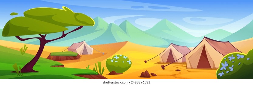 Camp tents on sand surface of African savannah desert. Cartoon vector summer safari tourism in hot drought Africa landscape with campsite, acacia trees and green bushes with flowers, mountains.