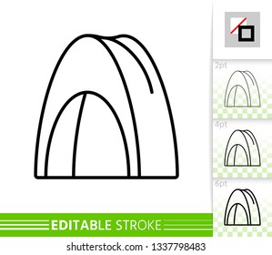 Camp thin line icon. Tent banner in flat style. Summer Awning poster. Camping rest Linear pictogram. Simple illustration, outline symbol. Vector sign on white. Editable stroke icons without fill