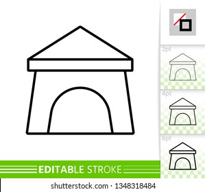 Camp thin line icon. Tent banner in flat style. Summer Awning poster. Camping rest Linear pictogram. Simple illustration, outline symbol. Vector sign on white. Editable stroke icons without fill