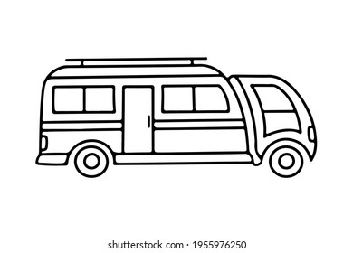 Remolque del campamento al estilo doodle aislado en fondo blanco.  Ilustración del contorno de la furgoneta de la camioneta de la cámara del vector. Diseño para impresión, web, móvil e infografía, textil