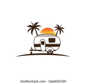 camp trailer standing in front of sunset and palm tree silhouette for beach holiday camping adventure logo design template