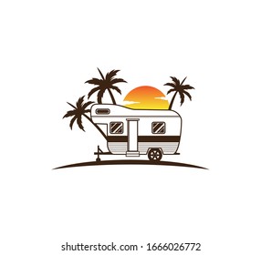 camp trailer standing in front of sunset and palm tree silhouette for beach holiday camping adventure logo design template