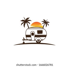 camp trailer standing in front of sunset and palm tree silhouette for beach holiday camping adventure logo design template