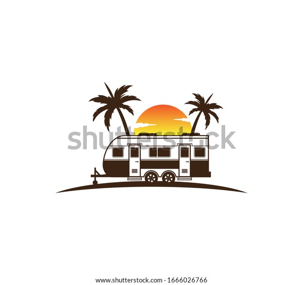 camp
trailer standing in front of sunset and palm tree silhouette for
beach holiday camping adventure logo design
template