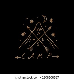 Camp travel compass logo aesthetic decor elements. Vector and jpg printable image, unique boho clipart illustration, editable isolated details. Perfect for poster or postcard template, t-shirt clothes