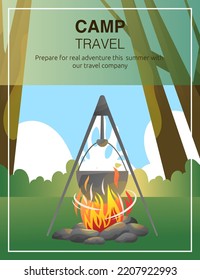 Camp travel poster. Campfire in forest vector illustration. Bonfire and stones along trees and bushes banner design.