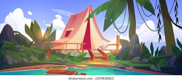 Camp in tropical forest. Vector cartoon illustration of tent on wooden platform with ladder, blue lake under exotic palm trees, green plants, stones around water, exotic lianas on branches, blue sky