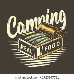 Camp tuna fish in tin can for camping and outdoor travel expedition or t-shirt print