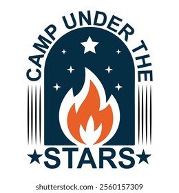 Camp Under the Stars logo with bold campfire flame and night stars. Ideal for outdoor camping, tourism, adventure, nature, hiking, wilderness, and travel themes.